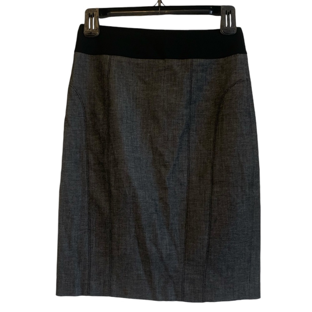 Express sophisticated pencil skirt grey denim stretch material tailored sexy